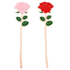 two red and pink roses are standing next to each other on a white background with green leaves