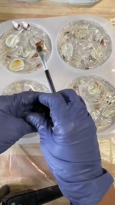 a gloved hand holding a paintbrush in front of an array of glass dishes