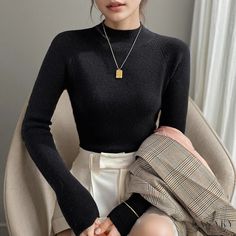 Lasaky - Stylish High-Collar Slim Fit Knit Sweater with Shoulder Pads, Ideal for Layering with Coats Knitted Turtleneck, Casual Turtleneck, Puffy Skirt, Fitted Sheath Dress, Slim Fit Crop Top, Wool Sweaters Womens, Women Floral Blouse, Cashmere Sweater Women, Fitted Turtleneck