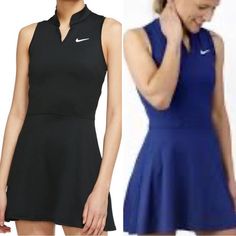 a woman in a black and blue tennis dress is holding her hand to her face