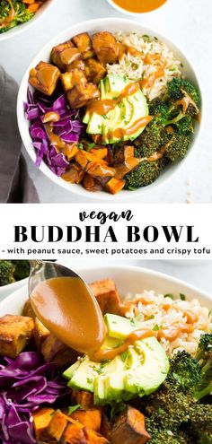 this vegan buddha bowl is loaded with sweet potatoes, broccoli and crispy tofu