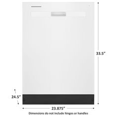 a white dishwasher with measurements for the top and bottom panel, shown in black