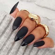 #nails #nailart #manicure #nailsoftheday #gelnails #beauty #nail #nailsart #naildesign #nailsdesign #nailtech #acrylicnails #nailsnailsnails #nailsonfleek #nailstagram #naildesigns #u #nailartist #instanails #nailstyle #nailinspo #nailpolish #inspire #gelpolish #nailswag #love #selfcare #gothic #goth #gothnails #black #blacknails Gray And Black French Nails, Black Nail Matte And Glossy, Matte Black Nails With Red Bottoms, Elegant Black Acrylic Nails, Black Nail Red French Tip, Matt Black Nails With Shiny Tips, Black Witchy Nails Almond, Black Nails With White Dots, Salem Nails Ideas