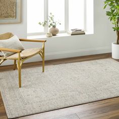 a living room with a chair, potted plant and rug on the hardwood floor