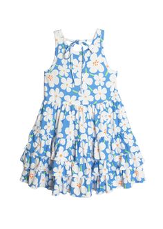 Embrace the joy of spring with this sleeveless, natural waist dress by Mabel and Honey. Featuring a delightful blue cotton fabric adorned with white and orange floral patterns, this dress is finished with cascading ruffles for a playful touch. A perfect blend of comfort and style for your little one. Fabric Care 100% POLYESTER Machine Wash Cold | Line Dry Do Not Bleach