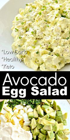 avocado egg salad on a white plate with the words low carb healthy keto