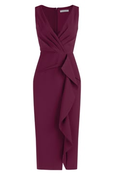 Rippling ruffles bring sculptural appeal to a stretch crepe dress artfully tailored in a faux-wrap silhouette. 44" length Hidden back-zip closure Surplice V-neck Sleeveless Lined 88% polyester, 12% spandex Dry clean Imported Sleeveless Midi Wrap Dress, Crepe Dress Classy, Flourless Cakes, Midi Dress Burgundy, Black Peacock, Soul Contract, Kay Unger, Soft Dramatic, Fabulous Clothes