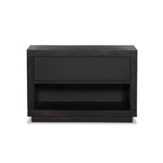 a black night stand with an open drawer on the bottom and one drawer at the top