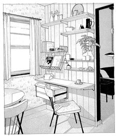 a black and white drawing of a desk in a room with shelves on the wall