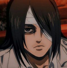 an anime character with long black hair and brown eyes looks at the camera while wearing a white shirt