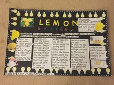 a bulletin board with lemons on it and some words in the center that read lemon battery