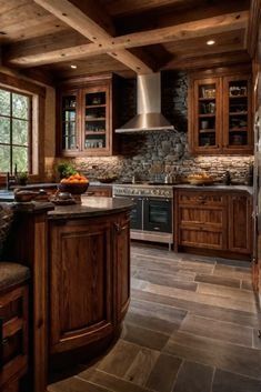 a large kitchen with wooden cabinets and granite counter tops, along with an island in the middle