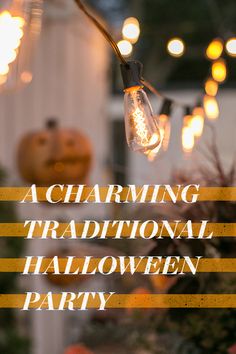 an advertisement for a traditional halloween party with hanging lights and pumpkins in the background