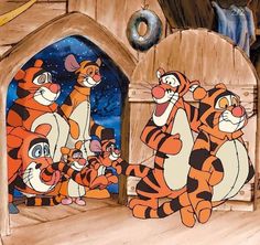 the tiggers are dancing in front of an open door with snow on it