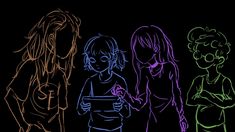 three girls are looking at a tablet while standing next to each other in the dark