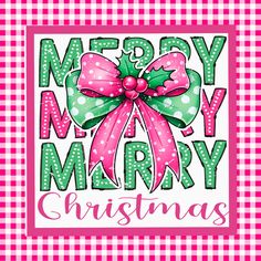 a christmas card with a pink bow and green polka dot ribbon on it's front