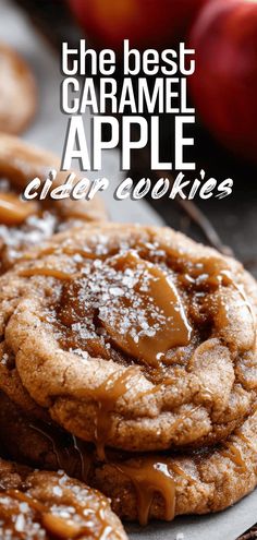 the best caramel apple cider cookies are stacked on top of each other with apples in the background