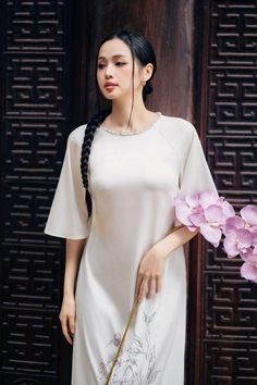 Chau Dan A-line Middle Sleeved Silk Floor Length Ao Dai | MEAN BLVD Elegant Short Sleeve Dress For Ceremonies, Elegant Short Sleeve Ceremony Dress, Elegant Short Sleeve Ao Dai For Evening, Elegant Silk Dress With 3/4 Sleeves, Elegant White Short Sleeve Gown, Elegant Short Sleeve Silk Dress, Elegant Silk Ao Dai For Wedding, Mean Blvd, Art And Fashion