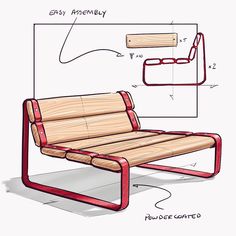 a drawing of a wooden bench with red metal frame and footrests on it