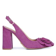 Redefine your fashion statement with our neat and elegant pairs to match your vibe this summer. These statement heels are crafted in purple suede Leather, a high platform heel to complement your classic evening looks, finished with a gold buckle fastening on the slingback, a leather covered block heel completes the style. Closure - Buckle Sling Back Upper - Purple Suede Leather Lining - Sahara genuine leather Insole - Nude Leather Sole - Natural Tunit Heel Height - 10.66 cm (4.2 Inches) Chic Block Heel Heels For Gala, Summer Suede Slingback Pumps For Party, Spring Party Suede Heels, Elegant Suede Platform Heels, Summer High Heel Suede Slingback Pumps, Summer Suede High Heel Slingback Pumps, High Heel Suede Slingback Pumps For Summer, Evening Suede Platform Heels, Feminine Party Heels With Buckle Closure