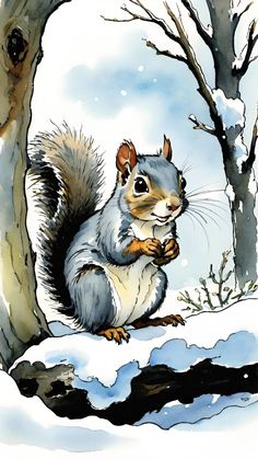 a watercolor painting of a squirrel sitting in the snow next to a tree with its front paws on it's chest