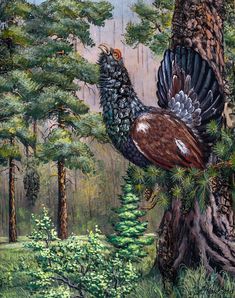 a painting of a pheasant perched on a pine tree in the middle of a forest