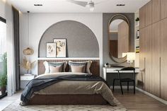 a bedroom with a large bed, mirror and desk in it's center area