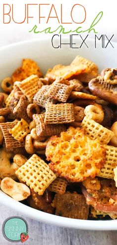 a bowl full of chex mix with the words buffalo ranch in the middle and on top