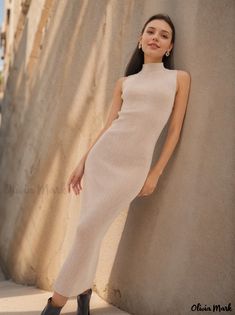 Olivia Mark - Sleeveless High-neck Knitted Bodycon Dress in Solid Color with Ribbed Texture - Casual Long Maxi Dress Casual Bodycon Dress, Bodycon Dress Casual, Bodycon Casual, Chic Maxi Dresses, Shoulder Ruffle Dress, Polka Dot Maxi Dresses, Long Bodycon Dress, Wrap Around Skirt, Knitted Bodycon Dress