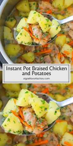 instant pot braised chicken and potatoes in a white bowl with spoons full of soup