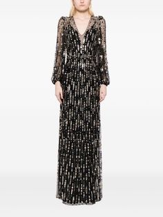 Jenny Packham Moondance sequin-embellished Gown - Farfetch Luxury Long Sleeve Sequin Dress For Formal Occasions, Long Sleeve Dresses With Contrast Sequin For Gala, Hand Embellished Long Sleeve Evening Dress For Gala, Luxury Sequin V-neck Evening Dress, Luxury V-neck Evening Dress With Sequins, Glamorous Long Sleeve Hand Embellished Dress, Long Sleeve Contrast Sequin Evening Dress For Gala, Long Sleeve Gala Evening Dress With Contrast Sequin, Luxury Long Sleeve Evening Dress With Sheer Sleeves