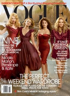 a magazine cover with three women in dresses on the front and one is wearing a red dress