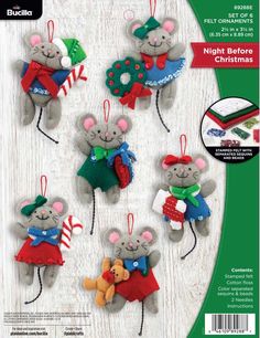 the sewing pattern for felt christmas mice is available in sizes ranging from 3 to 6