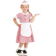 Your kiddo will be ready to roll in this classic Toddler Car Hop Costume! This exclusive set starts with a dress made from a red and white striped cotton blend fabric. Two red buttons along with a white collar and sleeve cuffs adorn the dress, and the matching hat features the same white trim along the edge. The white apron has red binding along the edge, which adds a charming detail to the whole outfit! Car Hop Costume, Fries And Ice Cream, Waitress Costume, Ice Cream Shakes, Decades Costumes, Car Hop, 50s Costume, 4t Dress, Nude Tights