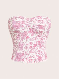 Women Botanical Flower Print Bandeau Top Pink Boho  Sleeveless Knitted Fabric Floral,Plain,Plants,All Over Print  High Stretch  Women Clothing, size features are:Bust: ,Length: ,Sleeve Length: Pink Bandeau Top, Botanical Flowers Print, Girls Hairstyles Easy, Vintage Slip Dress, Fall Wedding Guest Dress, Tulip Print, Dress Design Sketches, School Dresses, Pink Boho