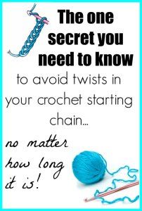 a blue ball of yarn next to a crochet hook with the words, the one secret you need to know to avoid twist in your crochet starting chain