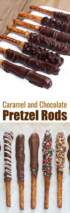 chocolate pretzel rods are lined up and ready to be dipped with caramel and chocolate