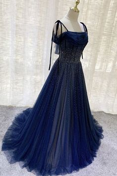 Gorgeous Dark Blue Tulle Beaded Long Prom Dresses, Navy Blue Beaded Fo – Lwt Dress Dark Blue Prom Dress Long, Dark Blue Dress Formal, Mystique Aesthetic, Midnight Blue Prom Dress, Dark Prom Dresses, Dark Blue Evening Dress, Dark Blue Formal Dress, Prom Dress Dark Blue, Premier Outfits