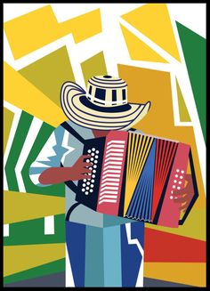 a man in a sombrero is playing an accordian music instrument with colorful background