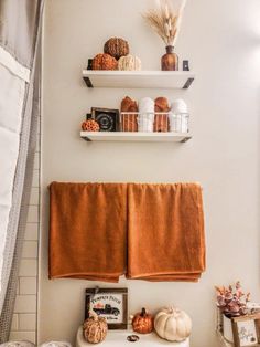 a bathroom with two shelves above the toilet and towels on the shelf over the sink