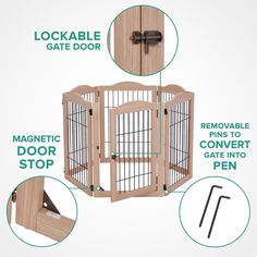 an open wooden gate with instructions on how to install the door and handle for it