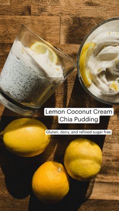 lemons and whipped cream on a wooden table with the words lemon coconut cream china pudding