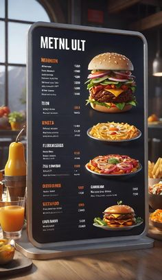 a menu board with different types of burgers and fries on it, along with orange juice