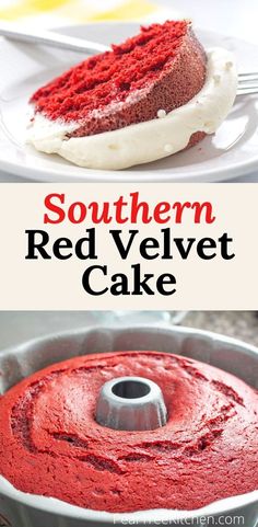 a red velvet cake with white frosting on top and the words southern red velvet cake above it