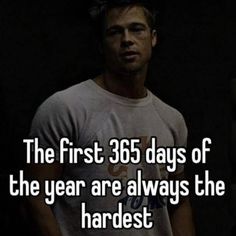 a man standing in front of a dark background with the words, the first 350 days of the year are always the hardest