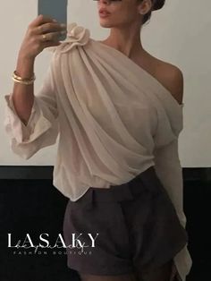 Lasaky - Tailored Asymmetrical Long Sleeve Blouse: Effortlessly Elegant and Versatile One-sleeve Spring Blouse For Party, Asymmetrical Hem Blouse For Summer Office, One-sleeve Summer Party Blouse, Summer Office Blouse With Asymmetrical Hem, Elegant Draped Fall Blouse, One-sleeve Evening Top For Spring, One Sleeve Top For Spring Evening, Elegant One-shoulder Blouse For Formal Occasions, Formal Spring Blouse With Asymmetrical Hem