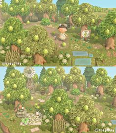 an animal crossing game is shown in two separate screens, with trees and animals on the ground