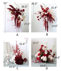 four pictures showing different types of flowers arranged in vases with measurements for each flower arrangement