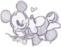 a drawing of a mickey mouse holding onto a heart shaped object with the word love on it