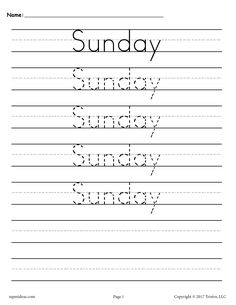 the writing practice sheet for sunday is shown in black and white, with lines on it